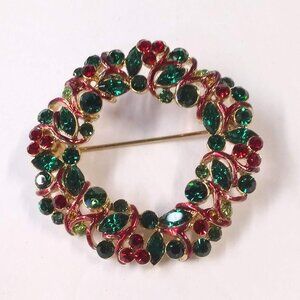 Vintage Christmas Rhinestone Wreath Holiday Brooch